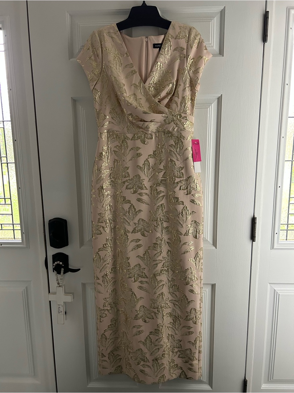 Adrianna Papell Blush Maxi Dress with Gold Leaf Pattern